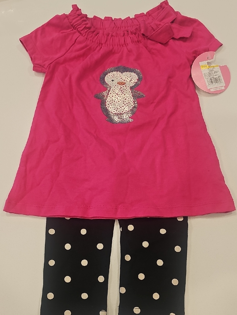Girls' Hot Pink Penguin Top and Polka Dot Leggings